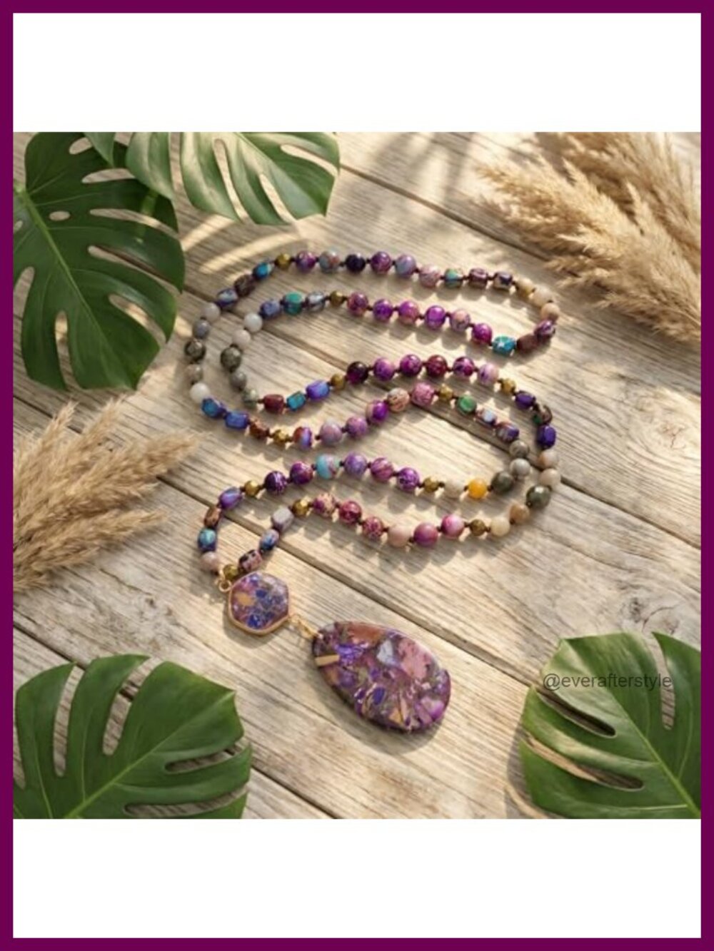 Handmade Natural Stone Beaded Boho Long Necklace with Jade Pendant - Picture 4 of 6